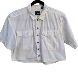 Lizwear Vintage 80s White Cotton Cropped Short Sleeve Utility Button Down Shirt